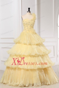 Light Yellow One Shoulder A-line Quinceanera Dress with Beading and Pleats