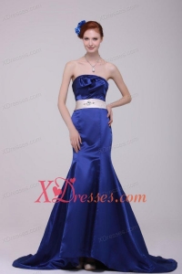 Mermaid Strapless Brush Train Navy Blue Taffeta Sashes Prom Dress