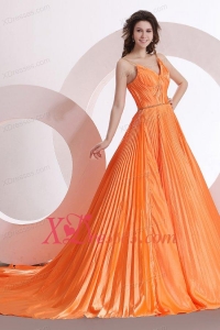 Modest Princes Straps Court Train Taffeta Orange Prom Dress with Ruching