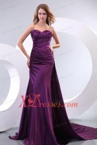 Popular Column Sweetheart Watteau Train Purple Side Zipper Prom Dress with Ruching