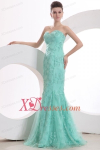 Sexy Mermaid Sweetheart Apple Green Embroidery Prom Dress with Tulle Brush Train