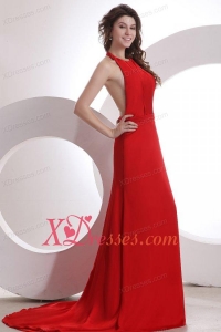 Simple Empire Halter Chiffon Red Brush Train Prom Dress