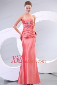 Watermelon Column Strapless Floor-length Taffeta Ruching Prom Dress with Lace Up