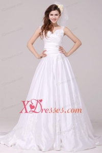 A-Line Straps Embroidery Taffeta Wedding Dress with Brush Train