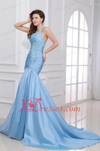 Blue A-Line Sweetheart Taffeta Prom Dresses with Appliques Brush Train