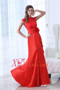 Modern Column Red Floor-length Lace Prom Dress with High Neck