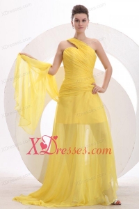 One Shoulder Chiffon Yellow Ruche Prom Dress with Watteau Train