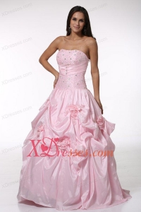 Beading and Hand Made Flowers Strapless Baby Pink Quinceanera Dress