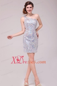 Column Sliver One Shoulder Sequins Mini-length Prom Dress