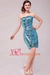 Column Strapless Blue Sequins Prom Dress with Knee-length