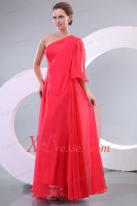 Empire One Shoulder Floor-length 3/4 Sleeve Prom Dress in Coral Red