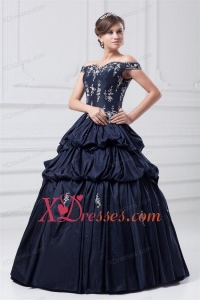 Off The Shoulder Taffeta Navy Blue Quinceanera Dress with Appliques