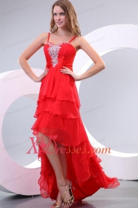 Red Empire Spaghetti Straps Beaded Decorate High-low Prom Dress