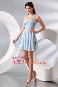Cute Light Blue One Shoulder Ruching Mini-length Prom Cocktail Dress