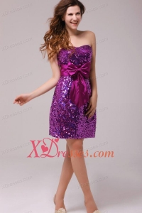 Fuchsia Sequin Sweetheart Sash Column Short Prom Dress