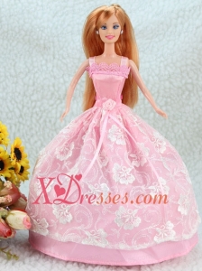 Lovely Baby Pink Ball Gown Straps With Sash and Lace Party Clothes Fashion Dress For Noble Barbie