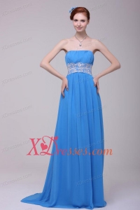 Teal Strapless Empire Chiffon Appliques Prom Dress with Brush Train