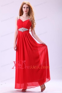 2020 Empire V-neck Red Floor-length Beading Chiffon Prom Dress