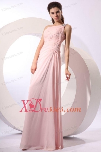 Baby Pink Empire One Shoulder Beaded Prom Dress with Ruches