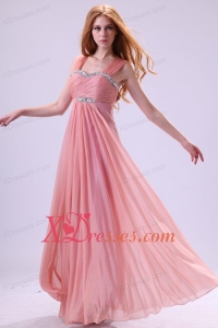 Simple Empire One Shoulder Beading and Ruching Chiffon Prom Dress