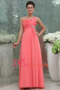 Watermelon Red One Shoulder Ruching Beading Floor-length Prom Dress