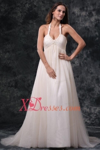 A-Line Halter Court Train Beading Tulle Wedding Dress
