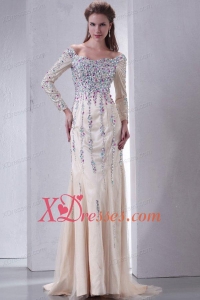 Champagne Off The Shoulder Column Beading Prom Dress with Long Sleeves
