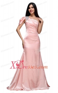 Column Baby Pink One Shoulder Beading and Ruching Prom Dress