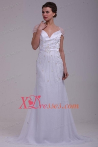 Column V-Neck Beading Brush Train Chiffon Wedding Dress