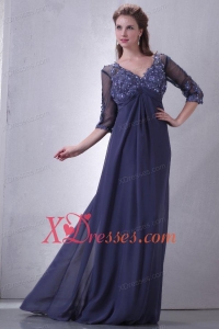 Empire V-neck Chiffon Appliques with Beading Prom Dress with 3/4 Sleeves
