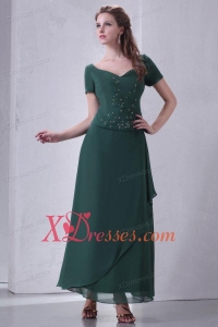 V-neck Chiffon Beading Ankle-length Prom Dress with Short Sleeves
