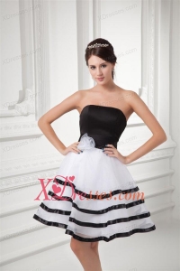 White and Black A-line Strapless Mini-length Organza Prom Dress with Ruffled Layers