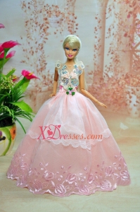 Luxurious Baby Pink Appliques With Flooe-length Wedding Dress For Barbie Doll