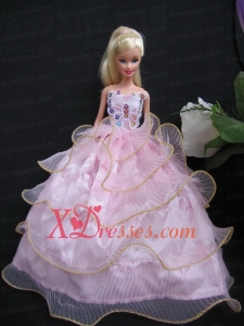 Luxurious Ruffled Layeres Baby Pink Handmade Summer Wear Dress Clothes Gown For Barbie Doll