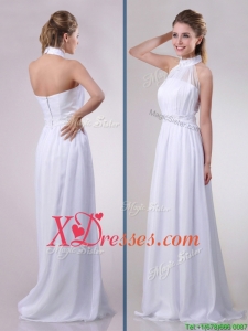 Empire Halter Top Applique Decorated Waist White Dama Dress in Chiffon