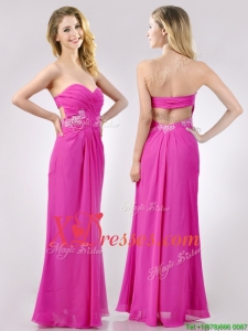 Fashionable Sweetheart Backless Beaded and Ruched Prom Dress in Hot Pink