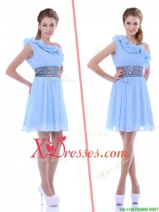 One Shoulder Light Blue Dama Dress with Beaded Decorated Waist and Ruffles
