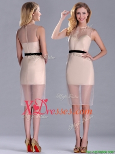 Exclusive High Neck Organza Champagne Prom Dress with Black Belt