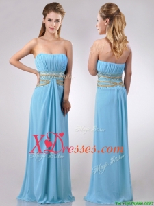 Discount Beaded Decorated Waist and Ruched Bodice Prom Dress in Aqua Blue