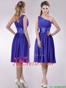Elegant One Shoulder Chiffon Blue Dama Dress with Side Zipper