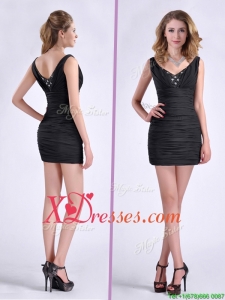 Modest Column V Neck Beaded Black Short Prom Dress