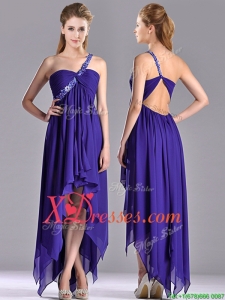 Cheap High Low One Shoulder Criss Cross Prom Dress with Beading