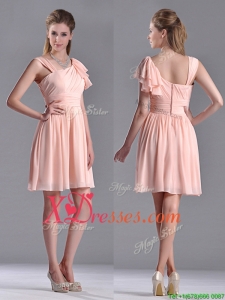 Simple Empire Ruched Peach Dama Dress with Asymmetrical Neckline