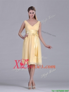 New Arrivals V Neck Bowknot Chiffon Short Prom Dress in Yellow