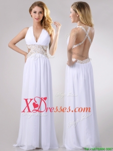 Beautiful Deep V Neckline Prom Dress with Beaded Decorated Criss Cross