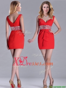 Hot Sale Beaded Decorated Waist V Neck Prom Dress in Red