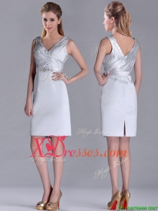 Modern V Neck Belted with Beading Prom Dress in Silver