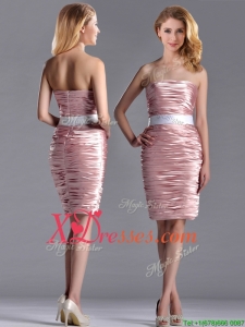 Lovely Column Peach Prom Dress with Ruching and White Belt