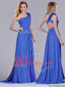 Modest Beaded and Applique Criss Cross Prom Dress with Brush Train