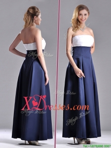 Elegant Strapless Ankle Length Dama Dress in Navy Blue and White